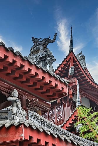 Asia-China-Sichuan Province-Cheng Du-Temple Rooftop Art Print